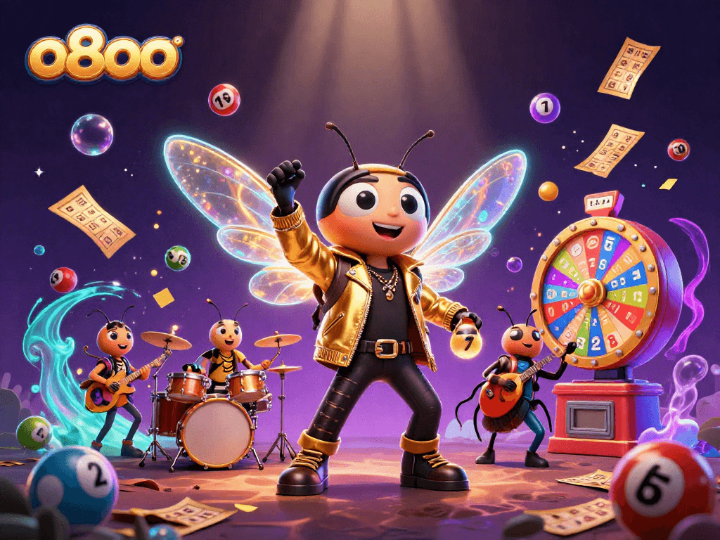 Experience the excitement of o8oo as a rock star jumps into action amidst colorful gaming elements.