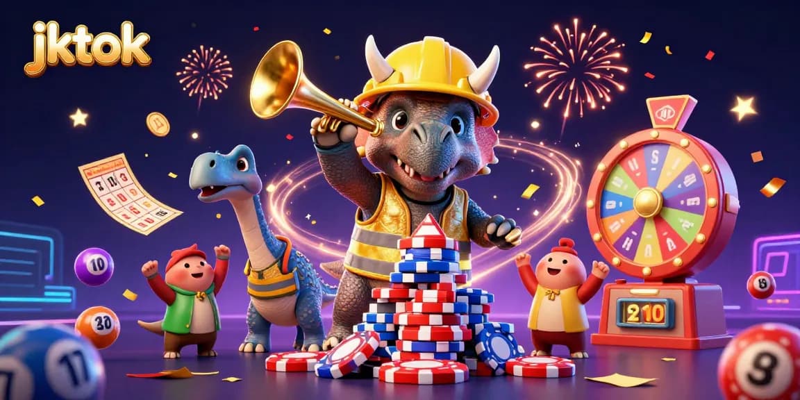 Menghadirkan permainan seru jktok, triceratops membangun tumpukan chip poker dengan tema kasino.