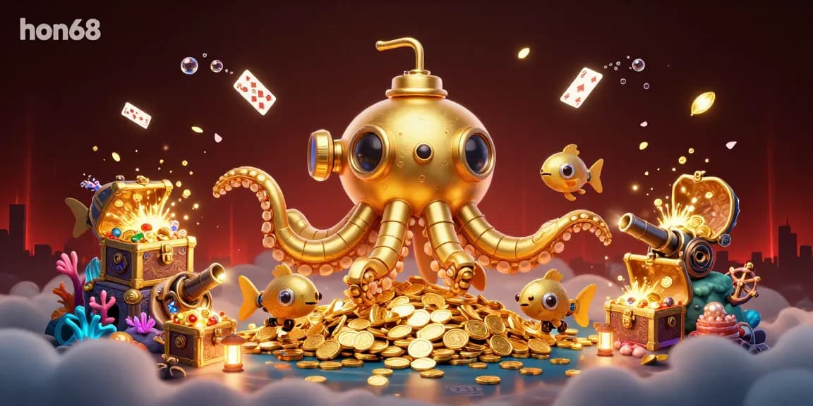 Enjoy thrilling adventures with hon68 Kraken submarine and mechanical fish amidst golden coins and vibrant casino elements.
