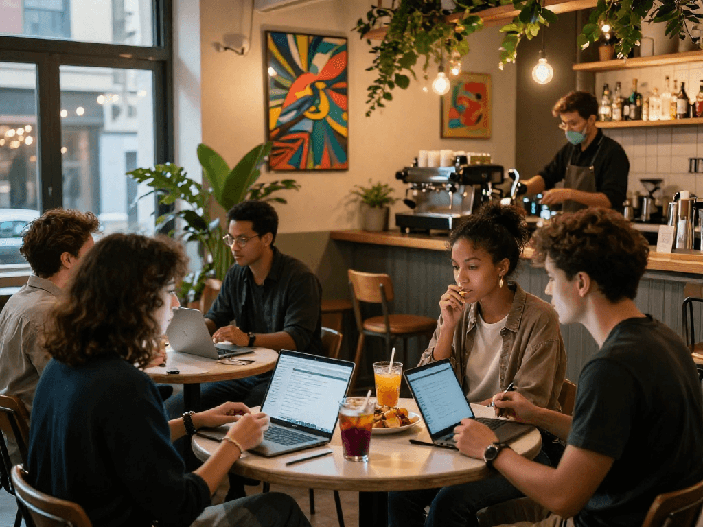 Engaging spicy chat moment among friends in a cozy urban café.