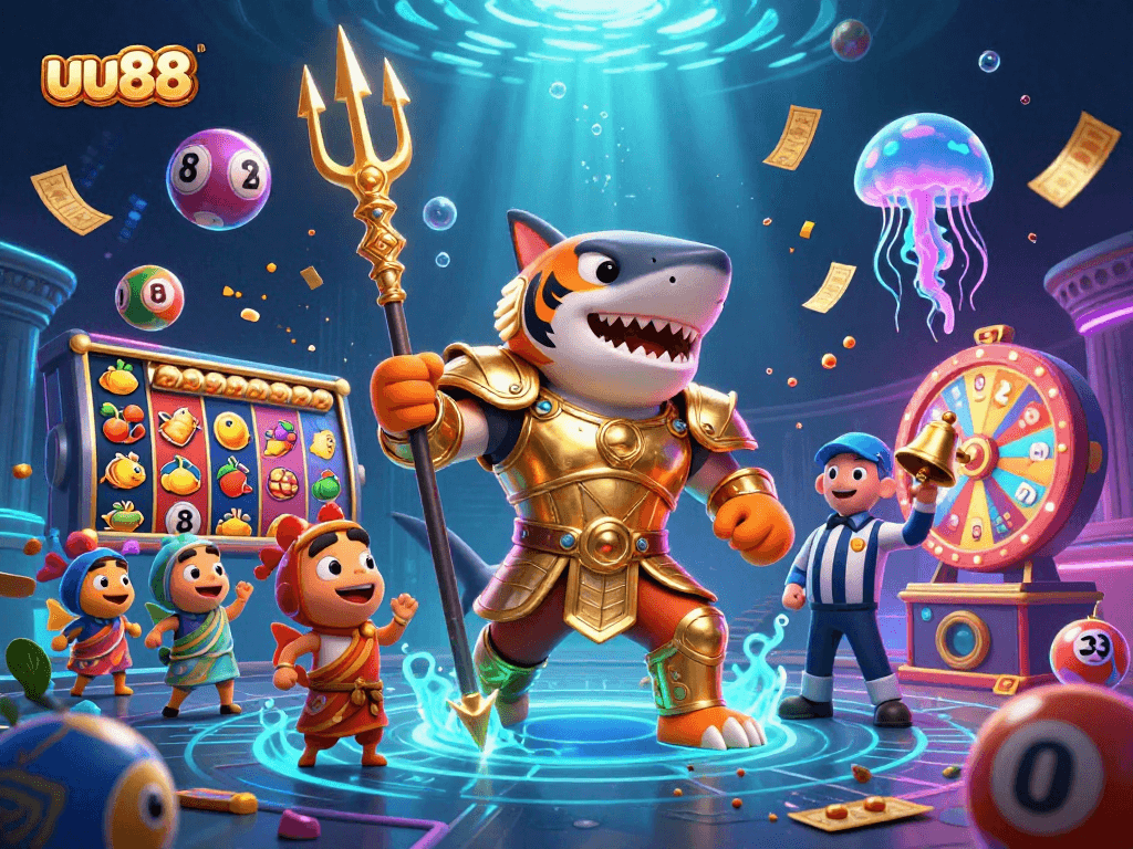 Play and win big at uu88 with exciting slots and vibrant lottery action in an underwater casino scene.