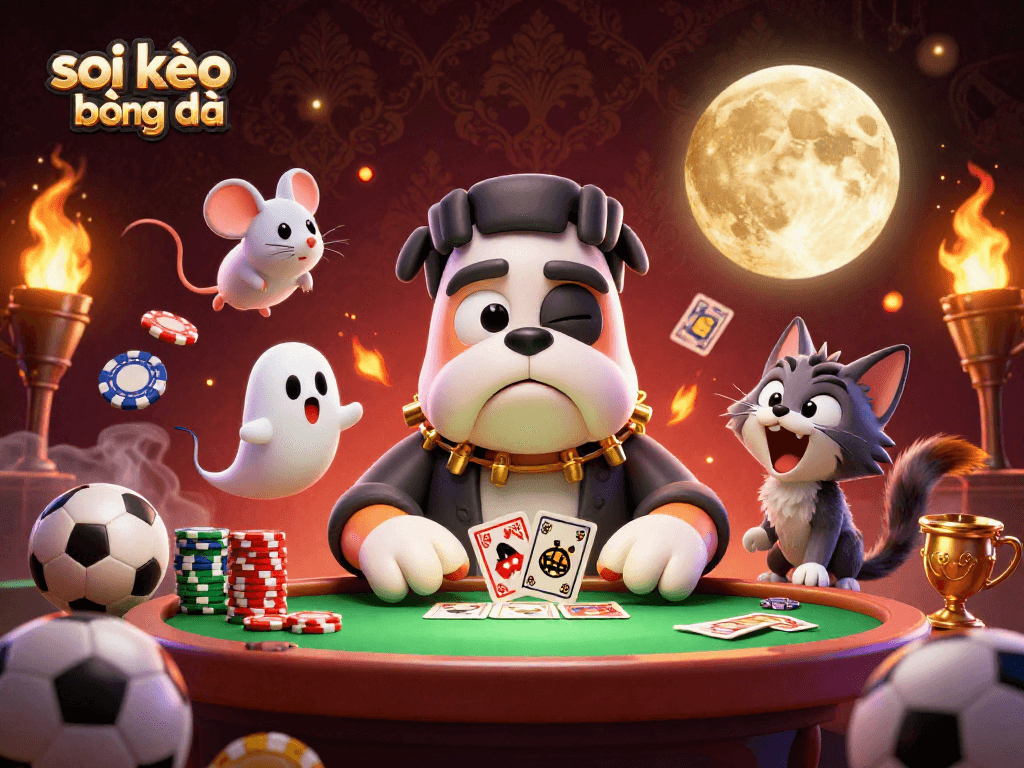 Engage with soi kèo bóng đá through thrilling sports betting as a Frankenstein bulldog deals cards.