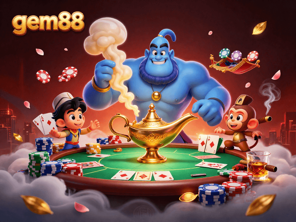 gem88 showcases a lively casino scene with a blue genie and poker elements, sparking excitement!