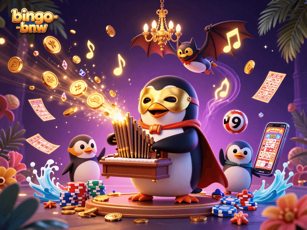Engage with bingo-bnw as the penguin plays for jackpots amidst cascading coins and vibrant bingo elements.