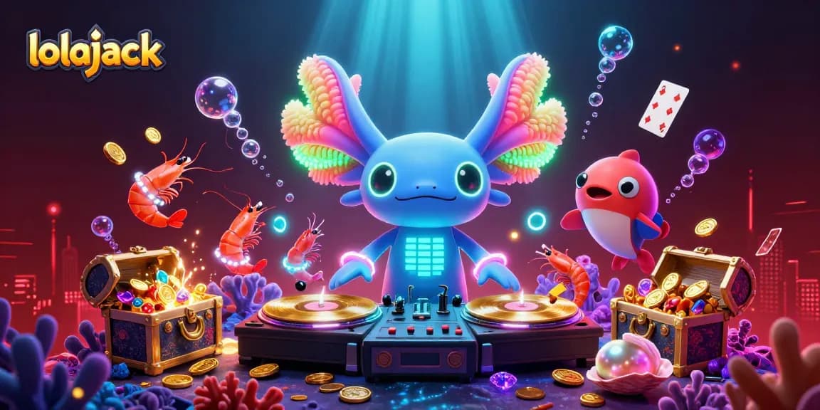 Experience lolajack's underwater casino scene with a vibrant DJ, shrimp dancers, and floating cards.