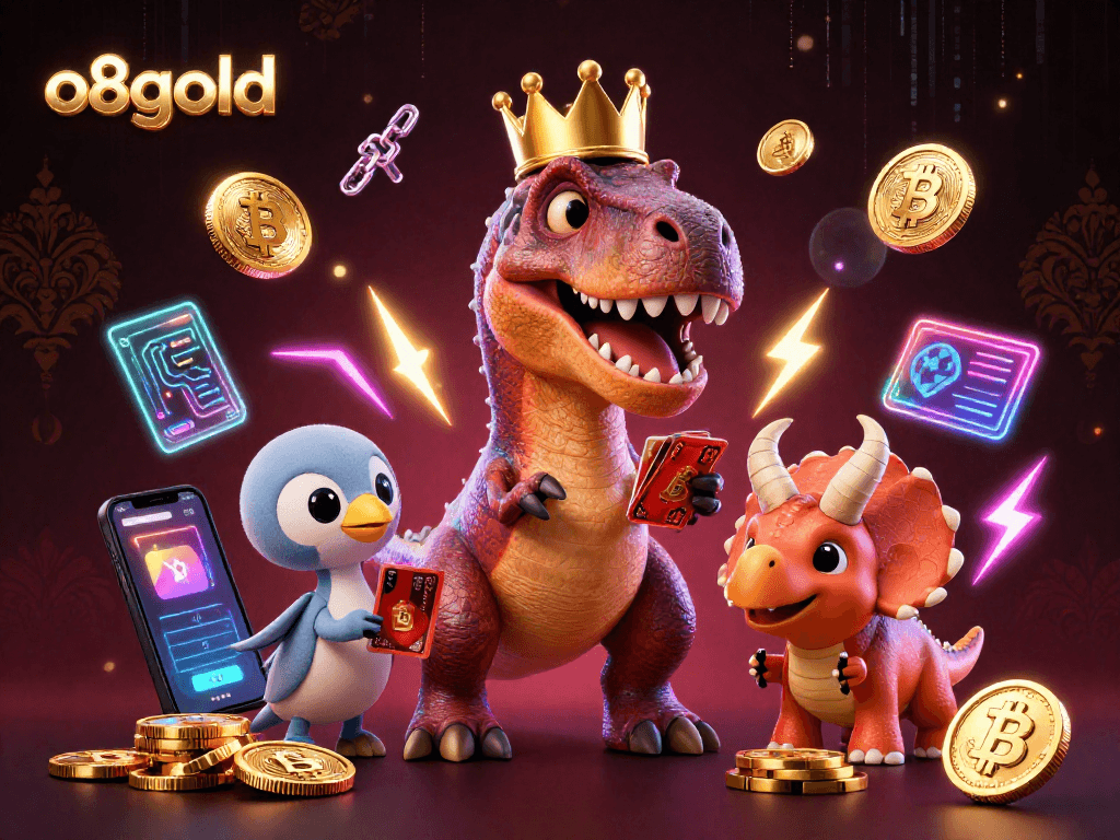Players engage with thrilling games at o8gold, a vibrant virtual casino scene with characters and crypto elements.