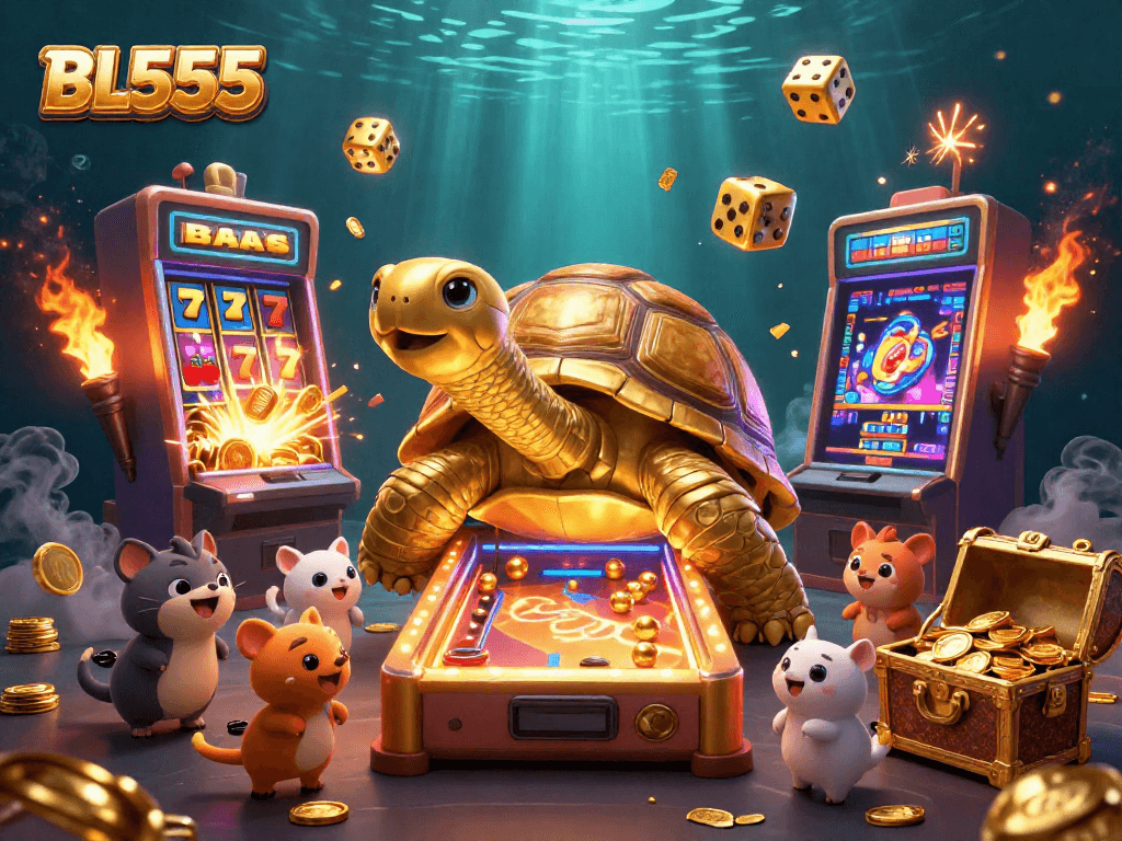 Engage with BL555's casino thrills as animated characters chase jackpots and fun!