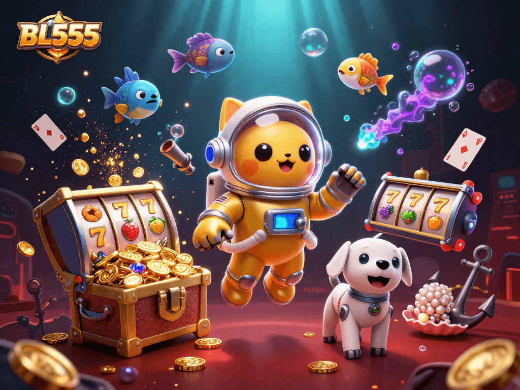 Engage in thrilling adventures at BL555 with a cat astronaut and friends amidst vibrant gambling elements.