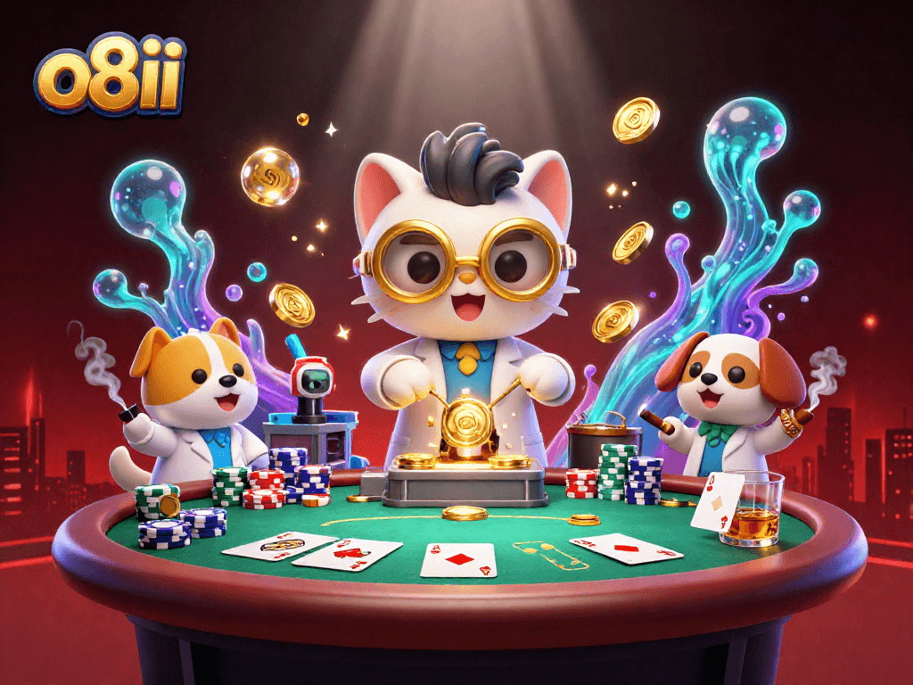 Experience thrilling gameplay at o8ii with a dynamic casino scene filled with poker elements and vibrant characters.