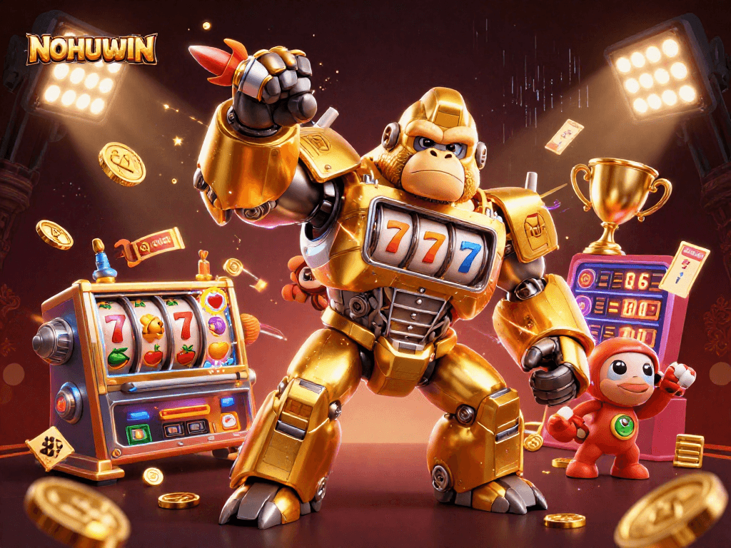 Experience thrilling jackpots with NOHUWIN's dynamic slot machine-inspired gorilla mech and exciting casino elements.