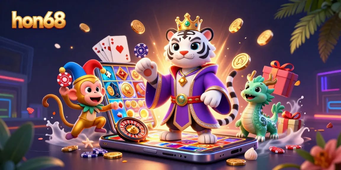 Join the exciting adventures of hon68, as a playful monkey juggles poker chips amid a vibrant casino scene.