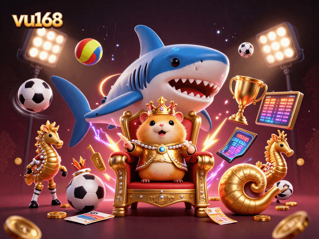 Engage with vu168 while enjoying a vibrant scene of a hamster king surrounded by sports elements and royal guardians.