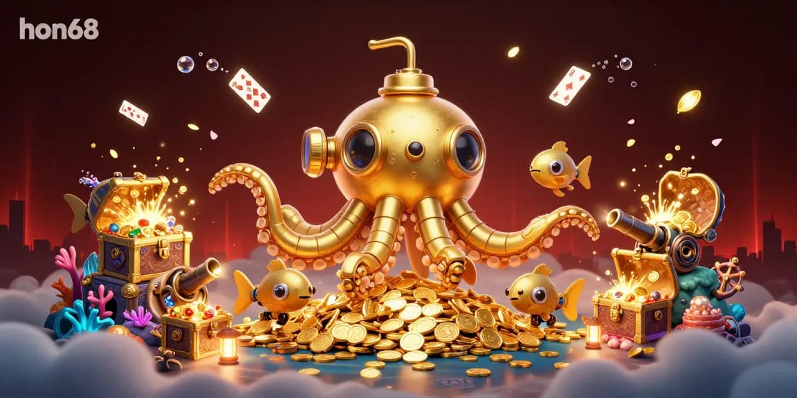 Enjoy thrilling adventures with hon68 Kraken submarine and mechanical fish amidst golden coins and vibrant casino elements.