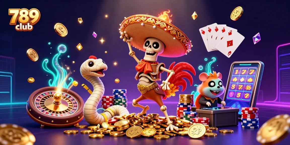 Immerse in the vibrant victory dance at 789 club, with golden coins, casino elements, and lucky symbols.