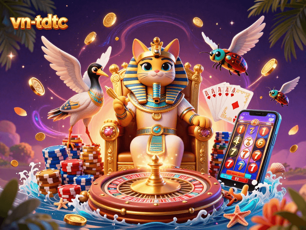 Experience the excitement of vn-tdtc with a vibrant 3D illustration of a pharaoh cat, soaring gems, and casino elements.
