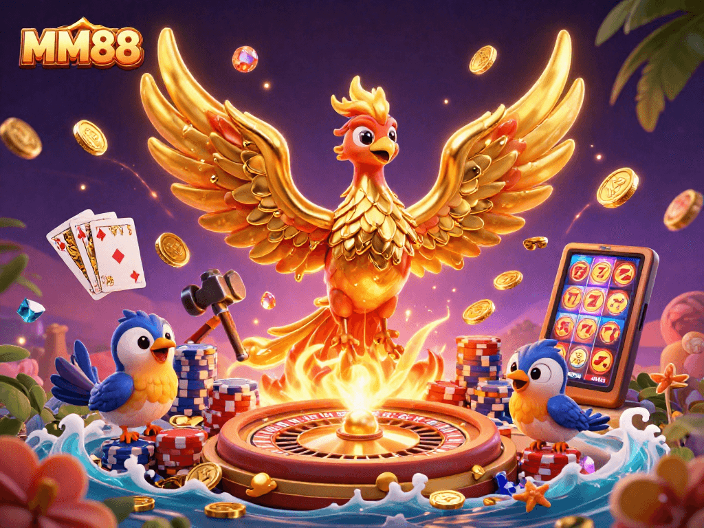 Experience winning moments at MM88 with a golden phoenix amidst vibrant casino elements.