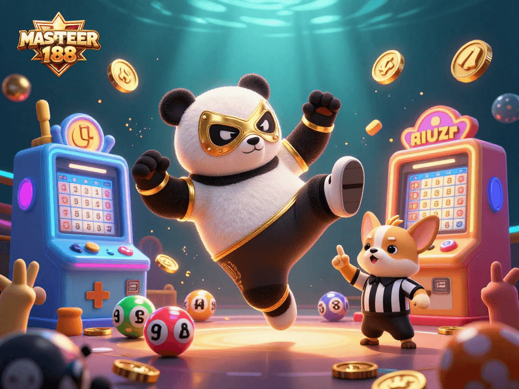 Experience the excitement of MASTER188's lively lottery scene with engaging cartoon characters and vibrant gaming elements.