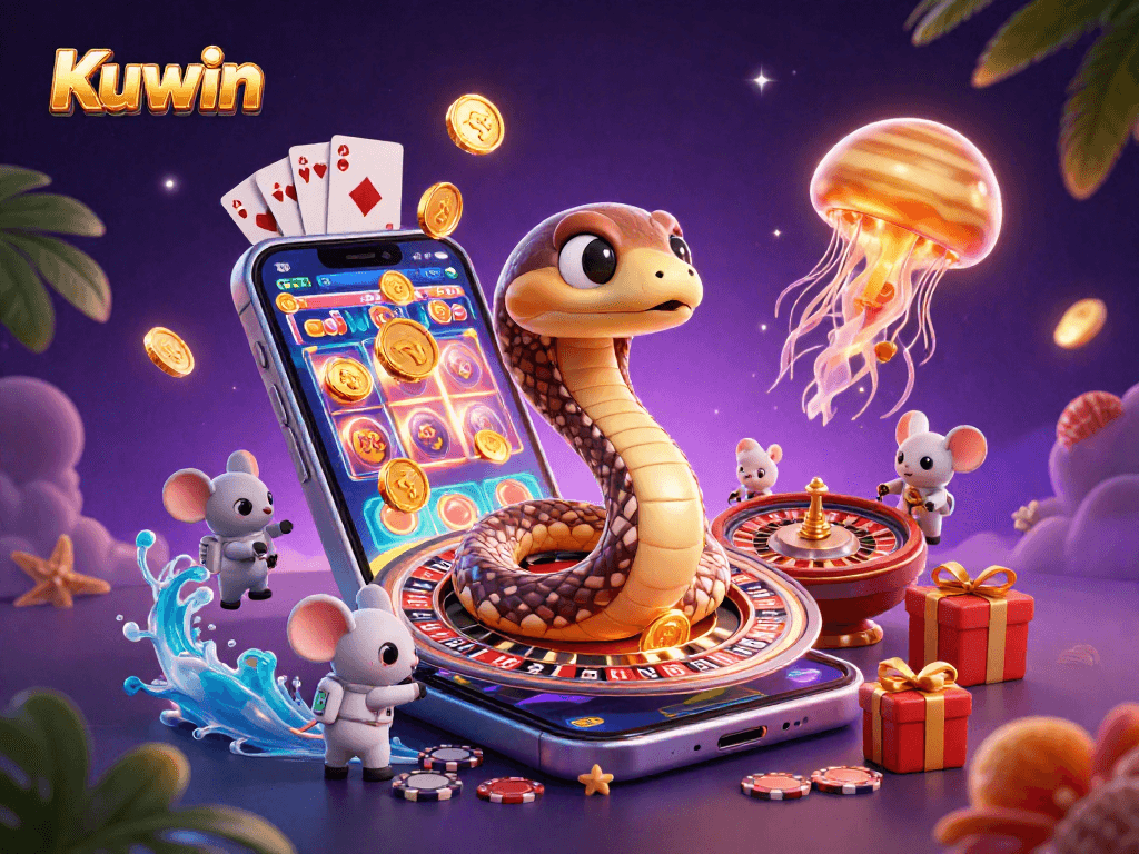 Kuwin casino's dynamic atmosphere showcases a Saturn ring snake and astronaut mice as gamblers in 3D illustration.