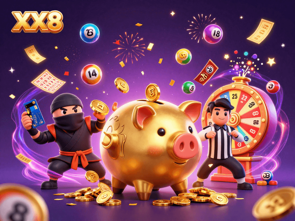 Join the fun with XX8 as a golden piggy bank sumo wrestler shakes coins in a dynamic casino scene!