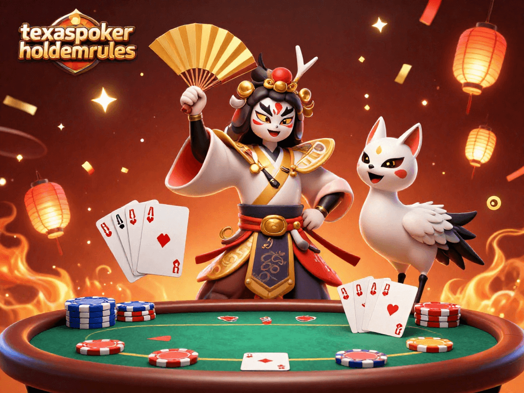 Engage with the texaspokerholdemrules dynamic poker scene featuring kabuki warrior characters and poker elements.