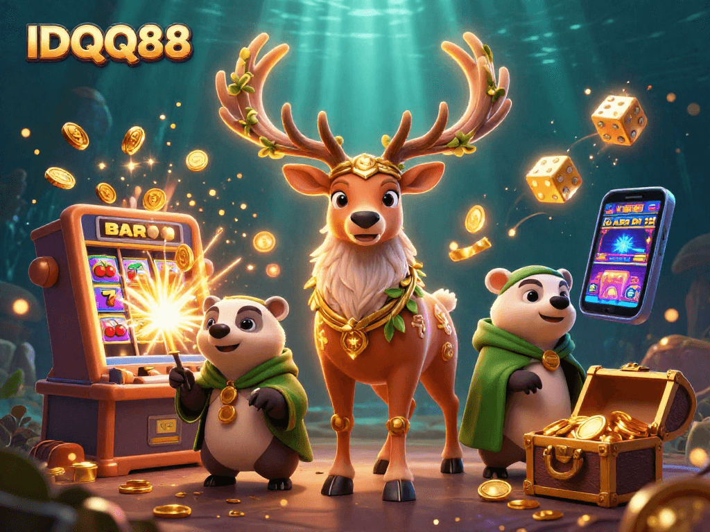 IDQQ88 slots jackpot scene with druid stag, wise badger, and floating spirits in a vibrant casino