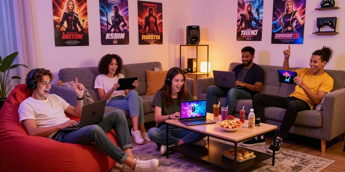 Friends enjoying sexgames on various devices in a cozy gaming setup.