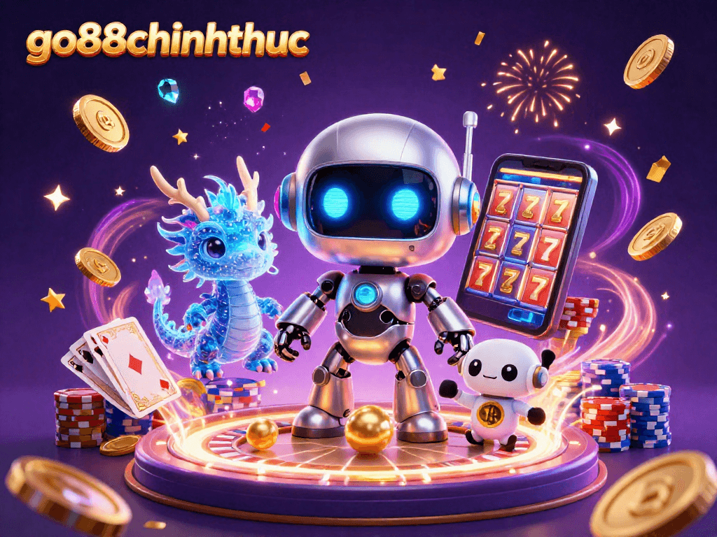 Engage with go88chinhthuc through a vibrant 3D casino scene featuring robots and digital elements.