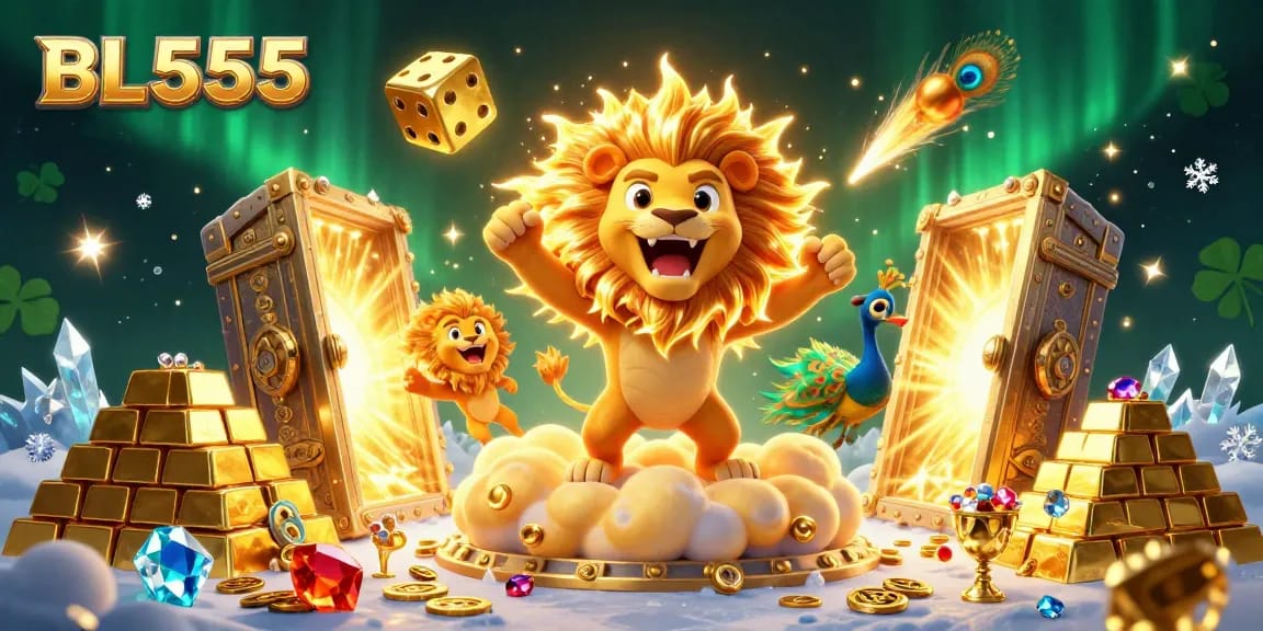 Experience thrilling wins at BL555 with vibrant casino elements and characters in a dynamic 3D scene.