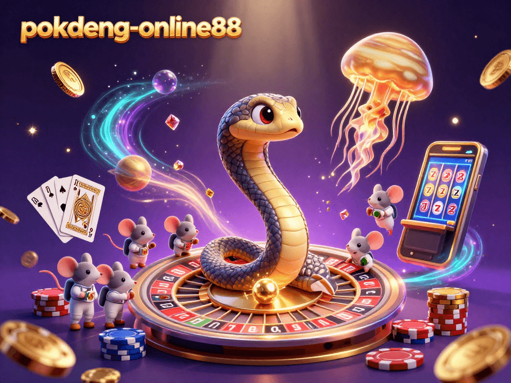 Engage in thrilling bets at pokdeng-online88 as cartoon mice play in a cosmic casino scene.