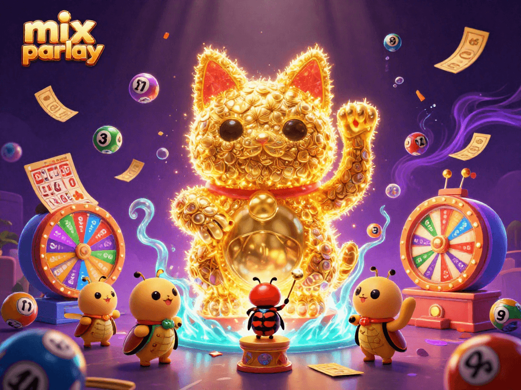 Bet on mix parlay with a vibrant 3D illustration showcasing casino symbols and exciting gaming elements.
