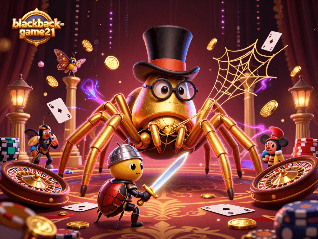 Engage with blackjack-game21 as a giant tarantula weaves the allure of casino games in a dynamic scene.