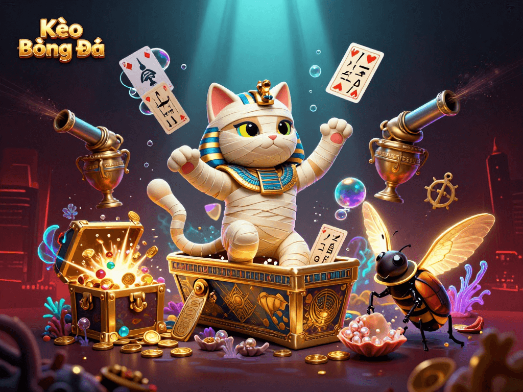 Kèo Bóng Đá themed illustration showcasing Egyptian mummy cat in a vibrant casino.