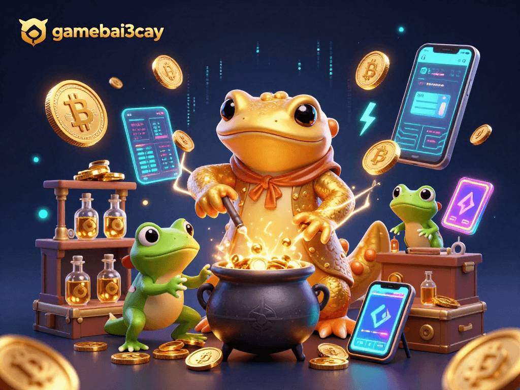 Transform gamebai3cay into gold coins with vibrant characters in a medieval alchemy scene.