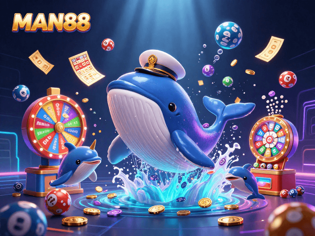 Experience thrilling wins at MAN88 with a vibrant underwater casino scene featuring playful marine life.