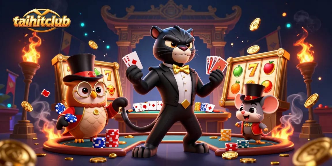 Engage in thrilling card games with taihitclub as a stylish panther deals elegantly among floating poker elements.