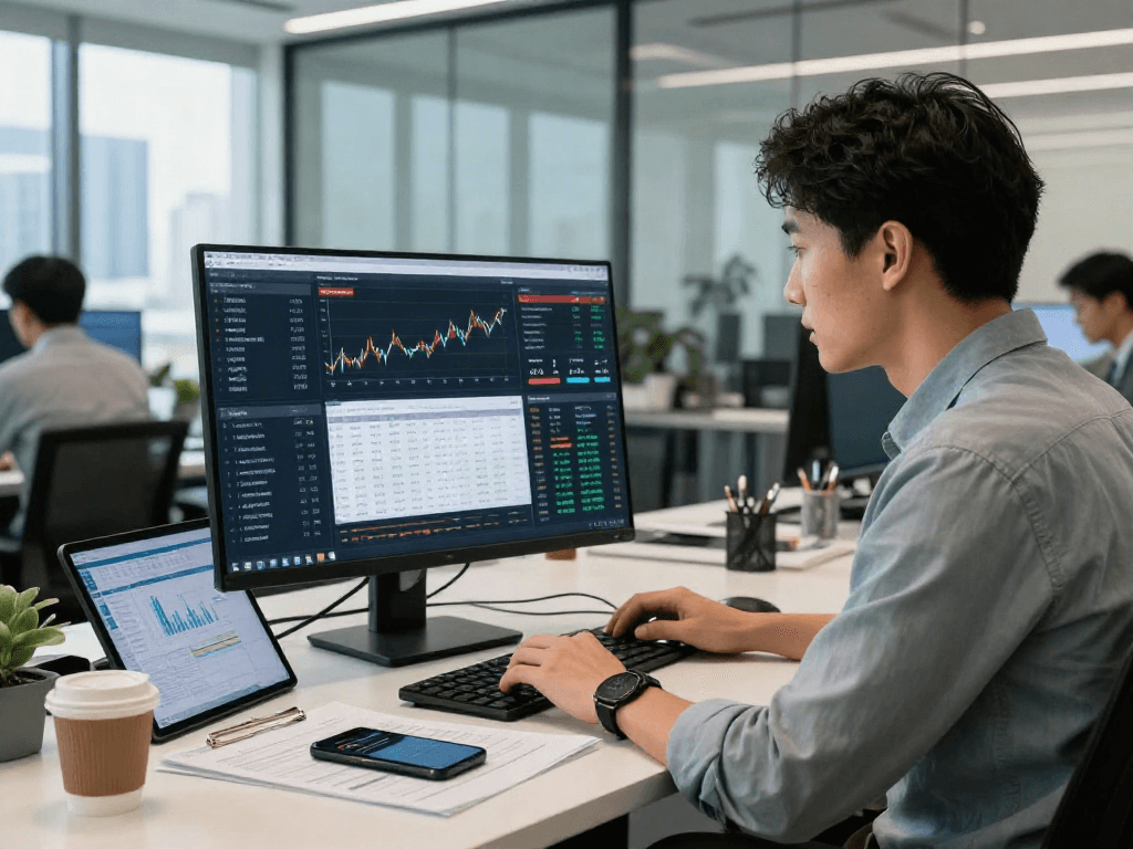 Financial analyst evaluating qris slot data in a modern office setting