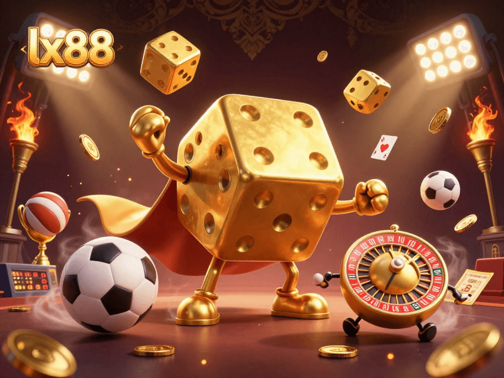 lx88 showcases a colorful illustration of a golden dice golem juggling dice, capturing the excitement of casino games.