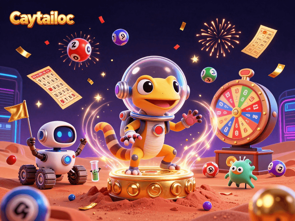 Join the Martian gecko on a golden casino adventure in caytailoc, surrounded by lively lottery elements!