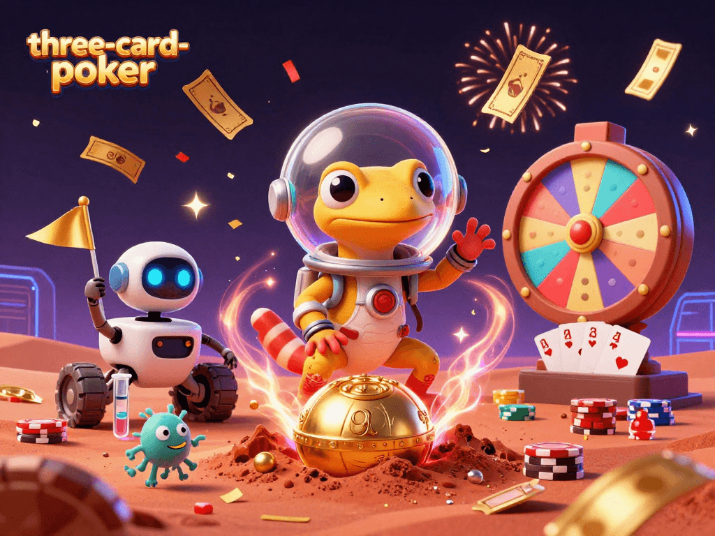 Experience three-card-poker as a Martian gecko discovers a golden casino in a vibrant celebration.