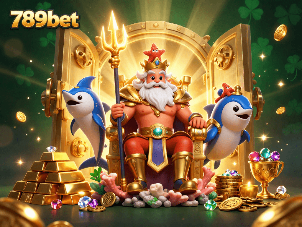 Experience the excitement of 789bet with Neptune and treasures in a vibrant casino illustration.