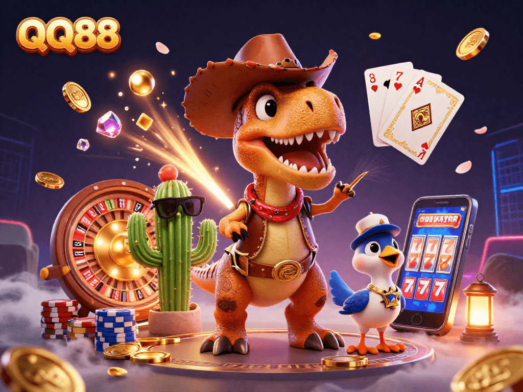 Engage with QQ88's exciting features like a cartoon dinosaur and colorful casino elements.