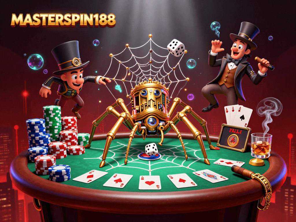 Engage with MASTERSPIN188 through stunning 3D casino art featuring dynamic poker elements.
