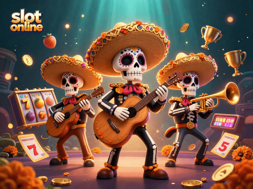 Bermain slot online dengan karakter mariachis ceria dan elemen kasino menarik.