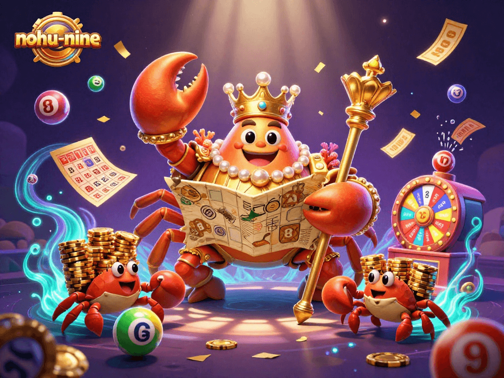Engage in thrilling gameplay with nohu-nine as the golden crab emperor oversees a vibrant casino atmosphere.