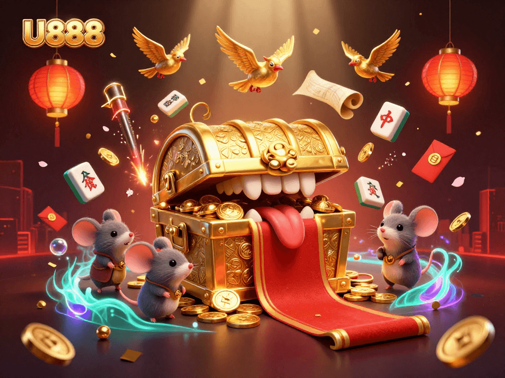 Engage with U888's vibrant adventures as mice discover treasures and lucky charms in this exciting casino scene.
