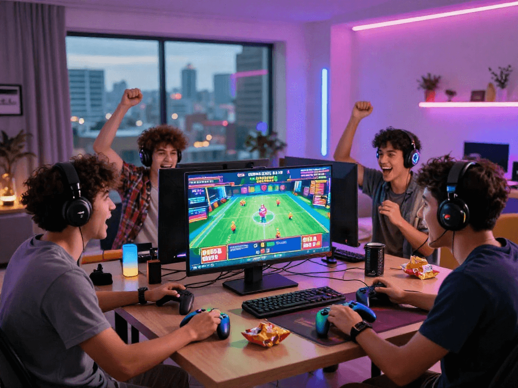 Exciting group of friends enjoying a situs togel online game live stream in a modern gaming setup.