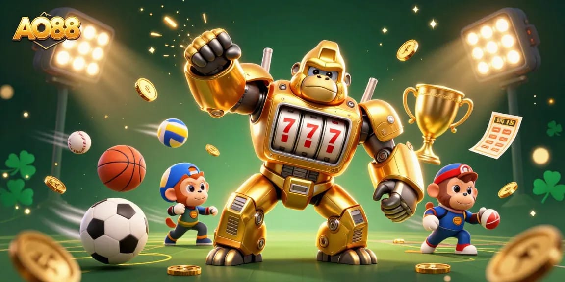 Betting with AO88 brings excitement, featuring a golden gorilla mech amidst dynamic sports elements and coins.