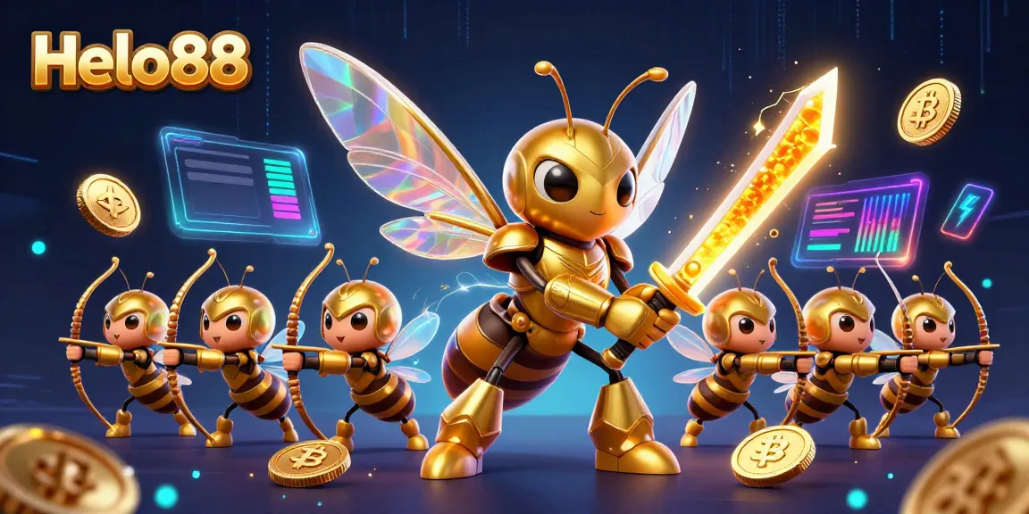 Experience Helo88's thrilling casino world with a vibrant 3D scene featuring a samurai hornet and dynamic crypto elements.