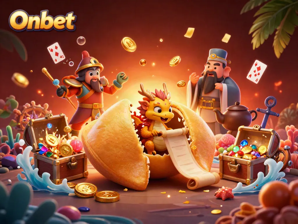 Onbet showcases an immersive casino scene with a giant golden fortune cookie and dragon amidst vibrant treasures and games.