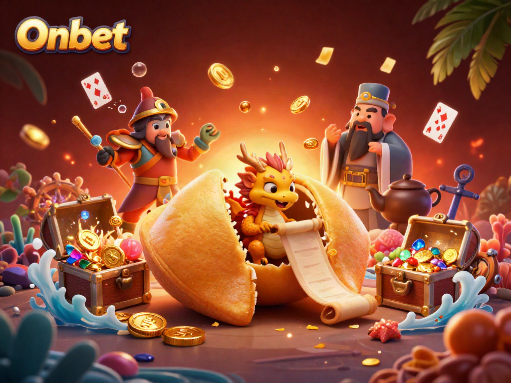 Onbet showcases an immersive casino scene with a giant golden fortune cookie and dragon amidst vibrant treasures and games.